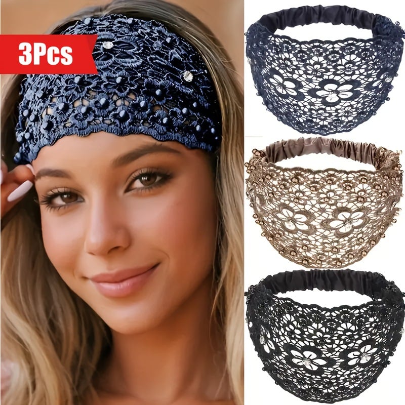 3pcs Set Boho-chic Crystal & Pearl Embellished Wide Headbands for Women
